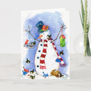 Festiva Tarjeta de muñeco de nieve navideño con los pájaro