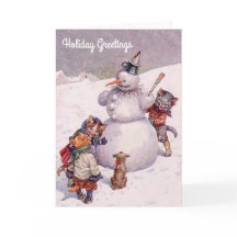 Tarjeta de Navidad, muñeco de nieve y gatos del