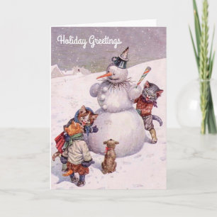 Festiva Tarjeta de Navidad, muñeco de nieve y gatos del