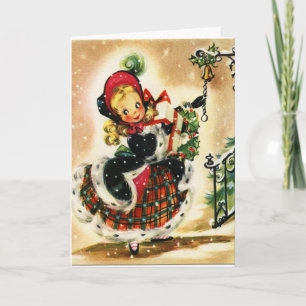 Festiva Tarjeta de Navidad, niña vintage tocando campana