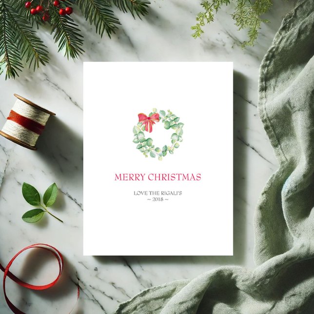 Festiva Tarjeta de navidad, tarjeta de vacaciones (Simple Christmas card watercolor botanical wreath in shades of red and green by Victoria Grigaliunas)