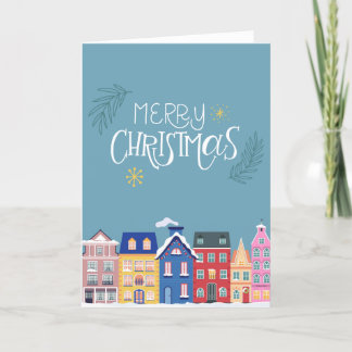 Festiva Tarjeta de Navidades azules de casas nórdicas esca