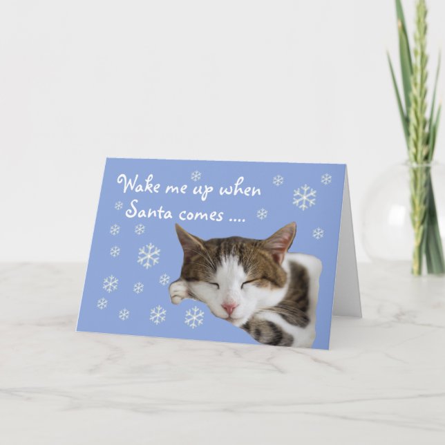 Festiva Tarjeta de Navidades azules para gato que duerme (Anverso)