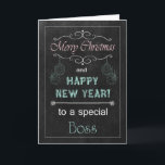 Festiva Tarjeta de Navidades Boss Chalkboard<br><div class="desc">La tarjeta de Navidades de moda Chalkboard para su jefe. Cuenta con un pizarrón,  texto en tiza y adornos. (La tarjeta no es una pizarra o tiza de verdad,  sólo aparece de esa manera.) Diseño ©2013 Cartas de sentimientos conservadores de Sherry Harris</div>