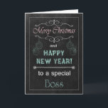 Festiva Tarjeta de Navidades Boss Chalkboard<br><div class="desc">La tarjeta de Navidades de moda Chalkboard para su jefe. Cuenta con un pizarrón,  texto en tiza y adornos. (La tarjeta no es una pizarra o tiza de verdad,  sólo aparece de esa manera.) Diseño ©2013 Cartas de sentimientos conservadores de Sherry Harris</div>