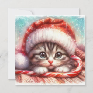 Festiva Tarjeta de Navidades Candy Cane Gray Kitten