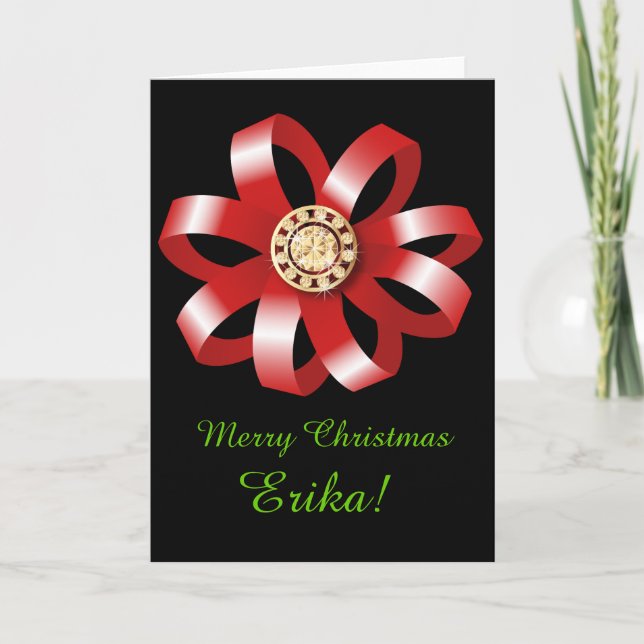 Festiva Tarjeta de Navidades con arco rojo y joyas (Anverso)