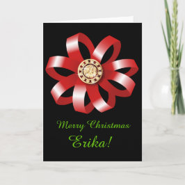 Festiva Tarjeta de Navidades con arco rojo y joyas
