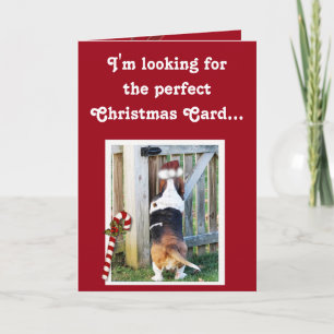 Festiva Tarjeta de Navidades con Basset, Candy Cane y Niev