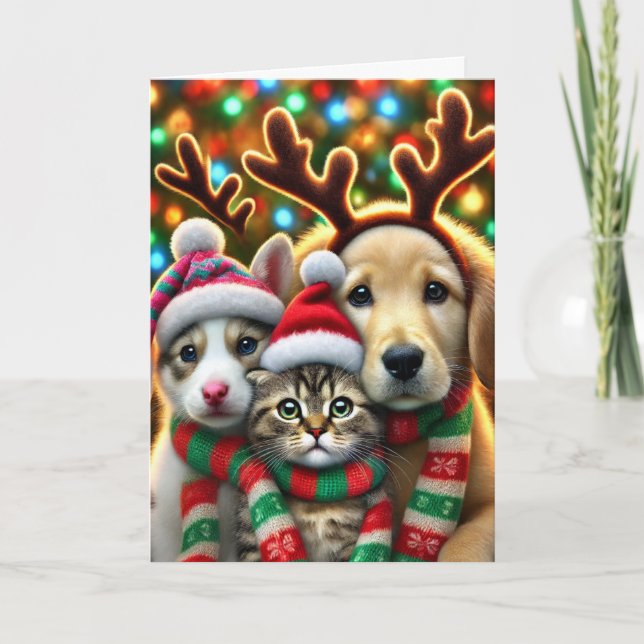 Festiva tarjeta de navidades con dos perros y un gato (Anverso)