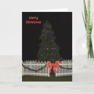 Festiva Tarjeta de navidades con luz de árbol cerco y barr