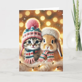 Festiva tarjeta de navidades con un gato y un conejito