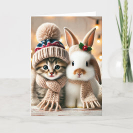 Festiva tarjeta de navidades con un gato y un conejito