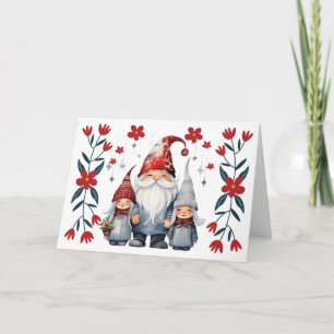 Festiva Tarjeta de Navidades Cute Santa Gnome y Florals Bl