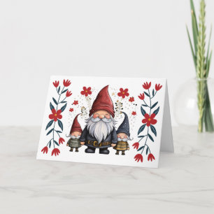 Festiva Tarjeta de Navidades Cute Santa Gnome y Florals Bl