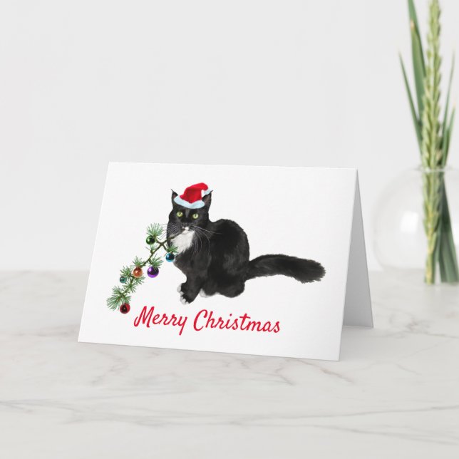 Festiva Tarjeta de Navidades de árbol de gatos de Tuxedo (Anverso)