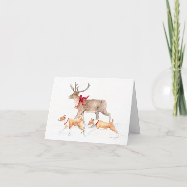 Festiva Tarjeta de Navidades de arte Basenji y Reindeer (Anverso)
