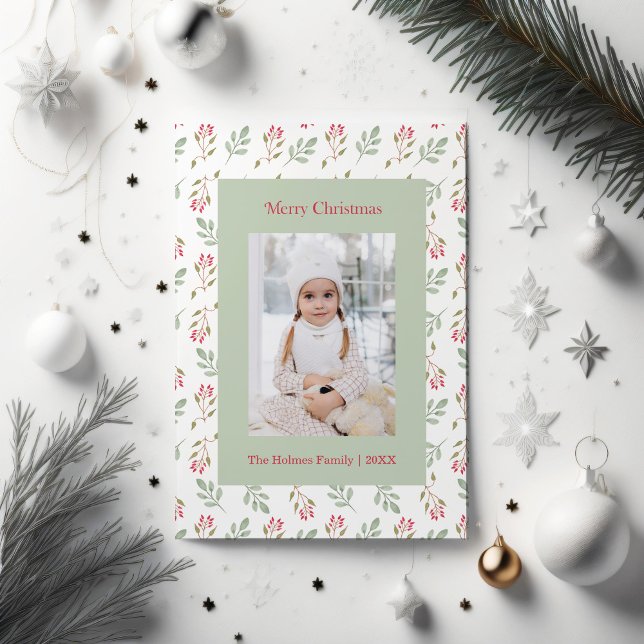 Festiva Tarjeta de Navidades de Berry y Eucalyptus (Greenery and hot pink custom Christmas card sorrunded with white and silver Christmas ornaments.)