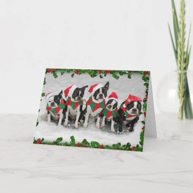 Festiva Tarjeta de Navidades de Boston Terrier (Anverso)