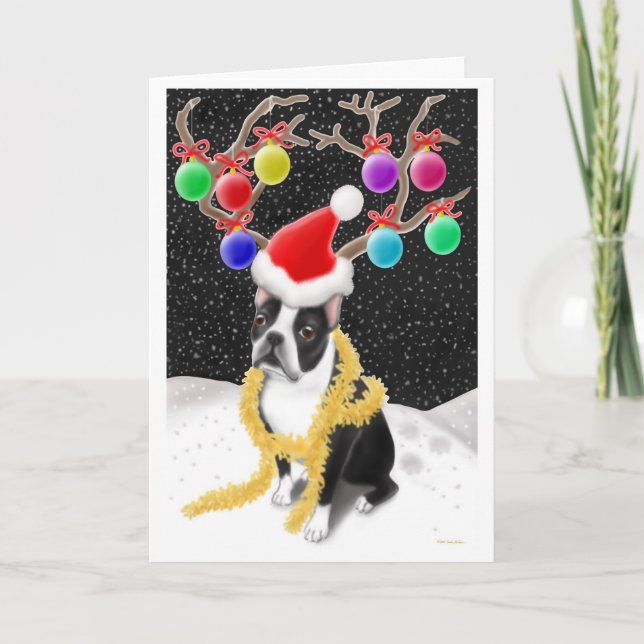 Festiva Tarjeta de Navidades de Boston Terrier (Anverso)