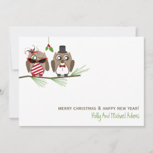 Festiva Tarjeta de Navidades de búhos y mistletoe