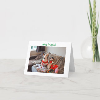 Festiva Tarjeta de Navidades de Bull Terrier con Snowman