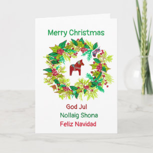 Festiva Tarjeta de Navidades de caballos de cuatro idiomas