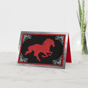 Festiva Tarjeta de Navidades de caballos Purpurina Rojo