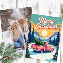 Tarjeta de Navidades de camiones rosados de época