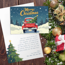 Tarjeta de Navidades de camionetas rojas de época