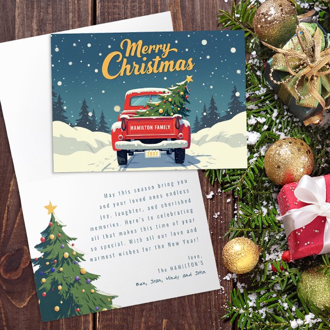 Festiva Tarjeta de Navidades de camionetas rojas de época (Fun Christmas Card)