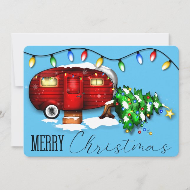 Festiva Tarjeta de Navidades de Camper Rojo Retro Vintage (Anverso)