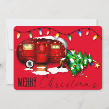 Tarjeta de Navidades de Camper Rojo Retro Vintage