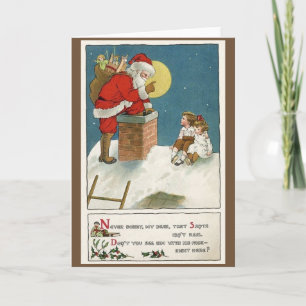 Festiva Tarjeta de Navidades de Chimenea Retro Santa y Niñ