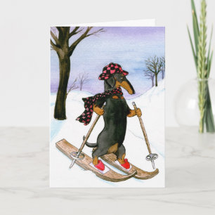Festiva Tarjeta de Navidades de esquí de Dachshund