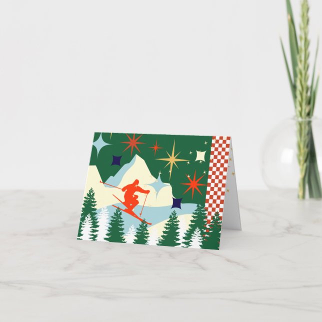 Festiva Tarjeta de Navidades de esquí retro (Anverso)