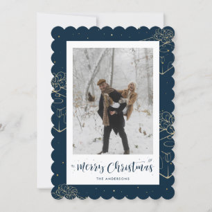 Festiva Tarjeta de Navidades de foto de regalo de oro azul