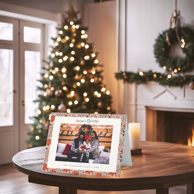 Festiva Tarjeta de Navidades de fotografía Rubor Pink Poin (Poinsettia Season Folded Photo Christmas Card blush pink)