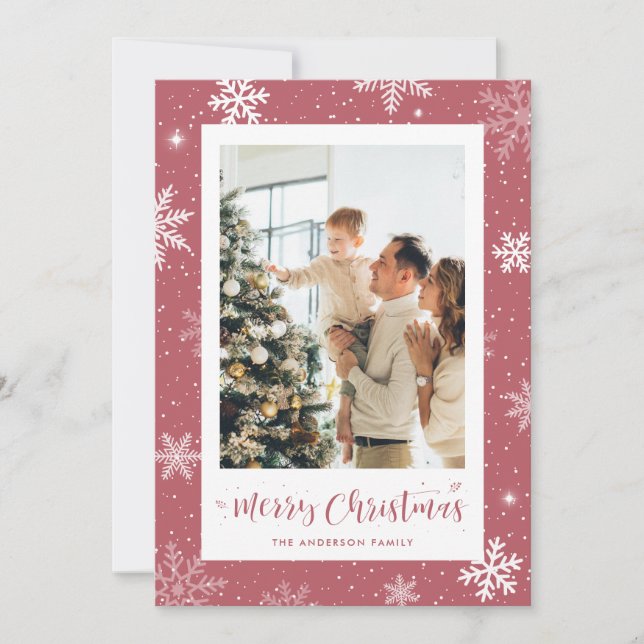 Festiva Tarjeta de Navidades de fotos de copas de nieve ro (Anverso)