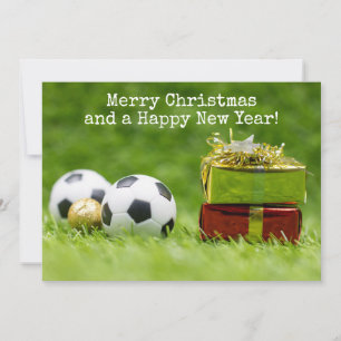 Festiva Tarjeta de Navidades de fútbol con bolas y cajas d
