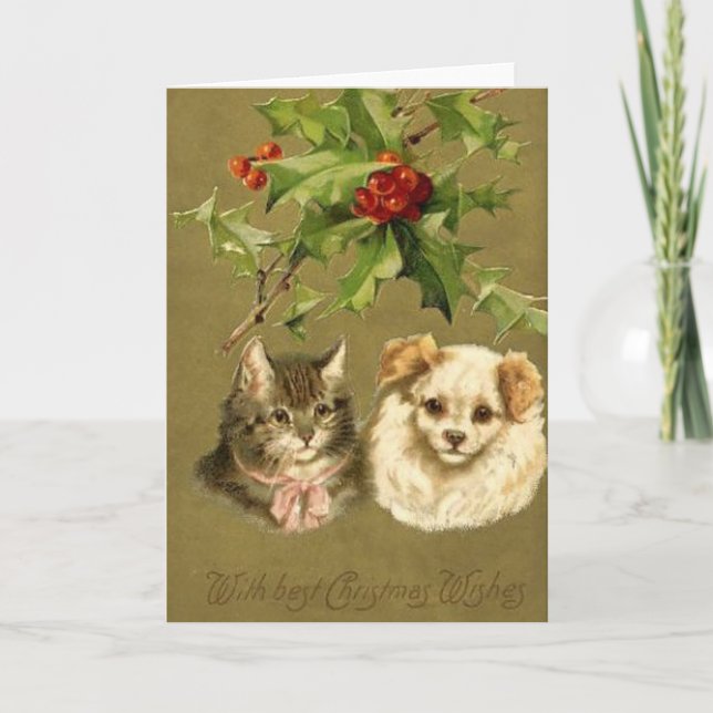 Festiva Tarjeta de Navidades de gato y perro (Anverso)