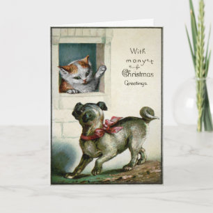 Festiva Tarjeta de Navidades de gato y perro victorianos d