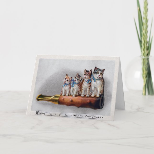 Festiva Tarjeta de Navidades de gatos victorianos de época (Anverso)