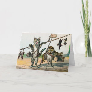 Festiva Tarjeta de Navidades de gatos y búhos victorianos