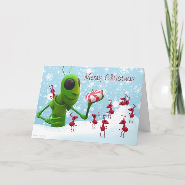 Festiva Tarjeta de Navidades de Grasshopper y Ants (Anverso)