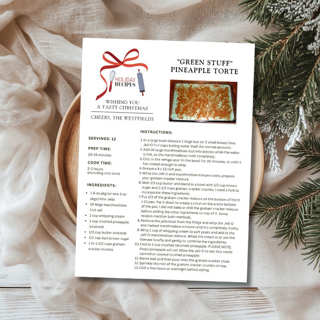 Festiva Tarjeta de Navidades de Green Stuff de recetas de  (Holiday Recipes Green Stuff Pineapple Torte Christmas Card)