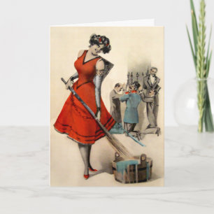Festiva Tarjeta de Navidades de Krampus, una mujer victori