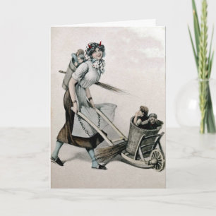 Festiva Tarjeta de Navidades de Krampus, una mujer victori