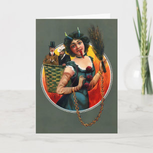Festiva Tarjeta de Navidades de Krampus, una mujer victori
