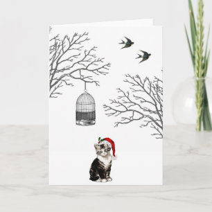 Festiva Tarjeta de Navidades de la jaula de pájaros Kitten